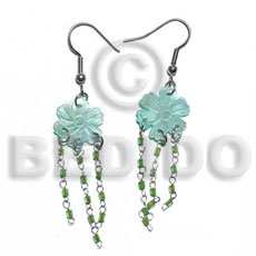 Dangling 15mm grooved aqua blue Glass Beads Earrings