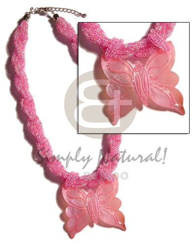 12 rows pink twisted glass beads  50mm pink hammershell butterfly pendant - Glass Beads Necklace