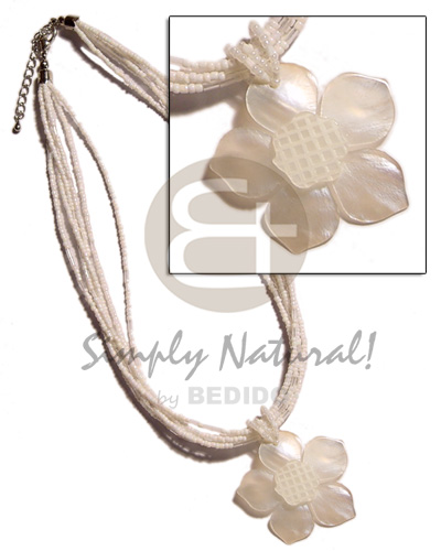 6 rows white  multi layered glass beads  natural white 45mm flower hammershell pendant  grooved nectar - Glass Beads Necklace