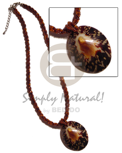 3 rows  twisted brown glass beads  40mm oval limpit shell pendant - Glass Beads Necklace