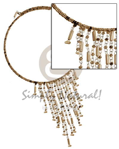 dangling gold tones glass beads in choker wire & metal looping - Glass Beads Necklace