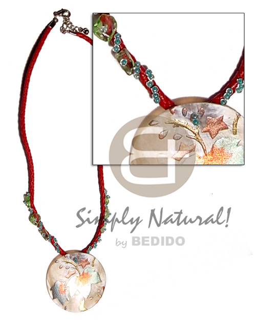 braided wax cord  resin chip & glass beads accent & round 40mm handpainted hammershell pendant - Glass Beads Necklace