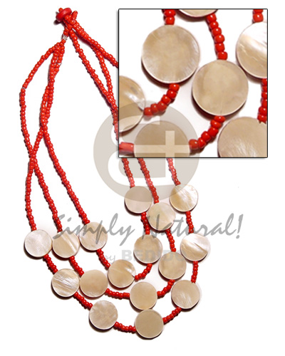 3 layer red glass beads  16 pcs. 15mm round hammershell  backing - Glass Beads Necklace