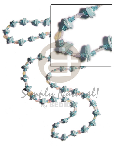 36 in. continuous powder blue white rose   glass beads combination & rainbow sequins accent - Glass Beads Necklace