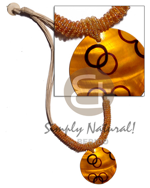8 layers wax cord  glass beads & 40mm round  handpainted kabibe pendant - Glass Beads Necklace