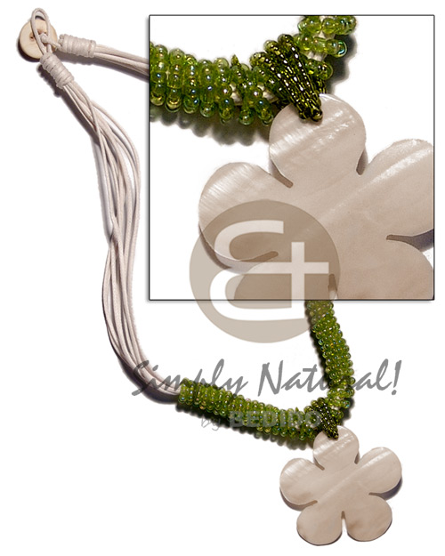 8 layers wax cord  glass beads & 40mm flower kabibe pendant - Glass Beads Necklace