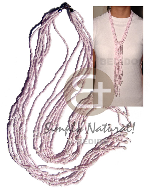 scarf necklace - 7 rows light pink glass beads  tassled white clam / 36 in. - Glass Beads Necklace