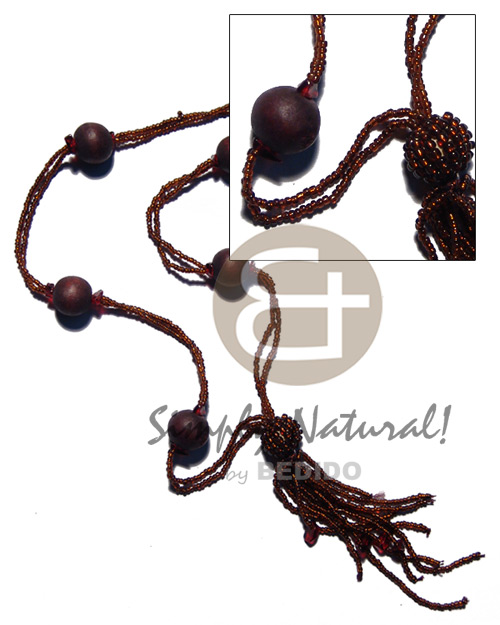 2 rows tassled brown glass beads  wood beads combination / 36 in. - Glass Beads Necklace