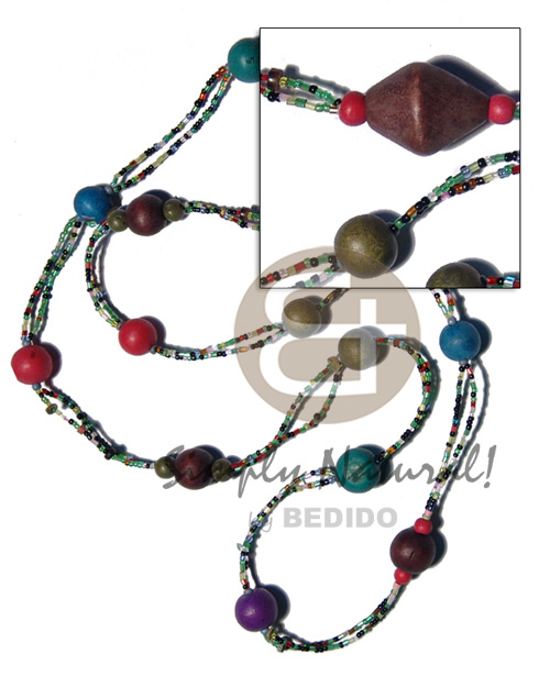 2 rows red cut glass beads  wood beads combination / 40 in. - Glass Beads Necklace