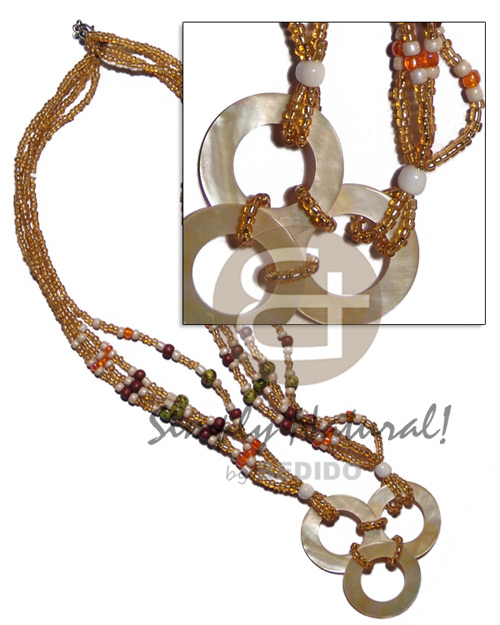 round MOP rings trio 30mm in 4 layer glass beads  wood & buri  beads accent / length - 22in. - Glass Beads Necklace