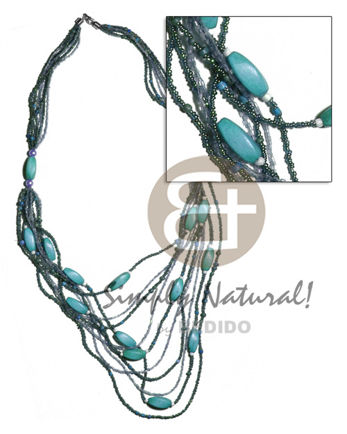 5 rows  graduated multilayered  glass beads  twisted wood beads / aquamarine tones / 32 in - Glass Beads Necklace