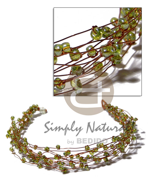 13 rows copper wire choker  green glass beads - Glass Beads Necklace