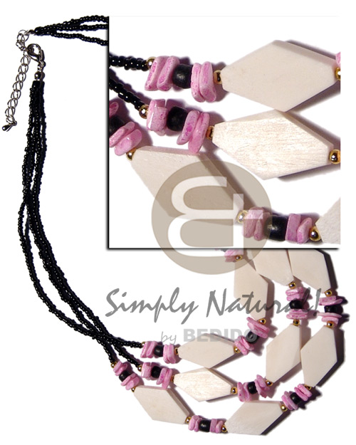 3 rows black glass beads  carabao diamond white bone, white rose in pink combination - Glass Beads Necklace