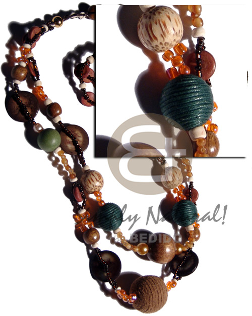 2 layers glass beads  asstd. wood beads, palmwood , 7-8mm coco Pokalet., wrapped 20mm wood beads, troca garlic shells and wax cord macrame / 30 in. - Glass Beads Necklace