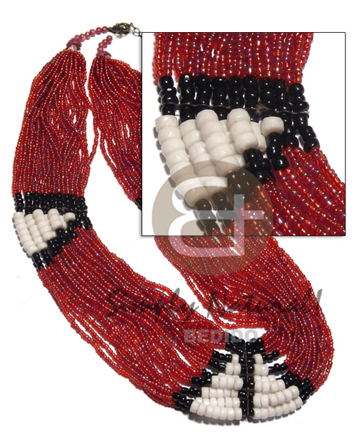 27 rows red glass beads  black 2-3mm coco Pokalet and white clam combination / 25in. - Glass Beads Necklace