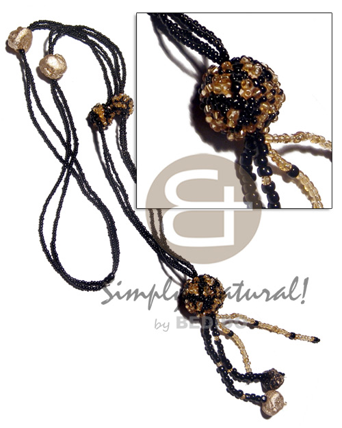 2 rows tassled black glass beads  stone gold nugget and beaded wood beads / black and gold tones / 32 in. plus 3 in. tassles - Glass Beads Necklace