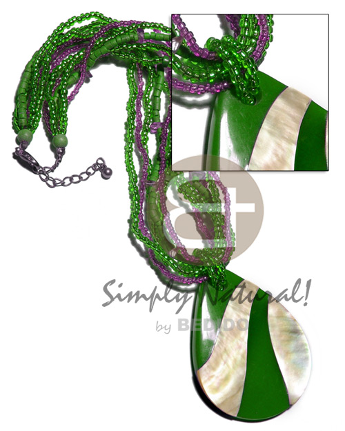 6 rows 2-3mm heishe glass beads, 2-3mm coco heishe  resin chips ( forest green & violet combination )   60mmx50mm teardrop MOP/blue resin combination pendant  dark magenta & violet resin backing / 16in - Glass Beads Necklace