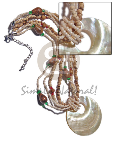 45mm round MOP shell pendant on 4 layers - 2-3mm coco Pokalet tiger, glass beads  wood beads accent - Glass Beads Necklace