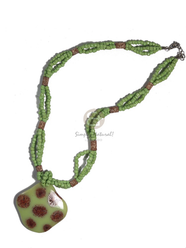 3 layers intertwined lime green glass beads  matching 50mm laminated seeds in resin pendant / 18in - Glass Beads Necklace