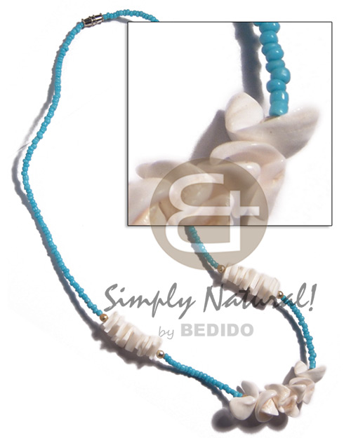 hand made White shells in light blue Glass Beads Necklace