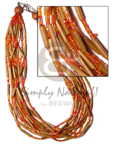 12 layer bamboo tube  red glass beads and wood beads - Glass Beads Necklace