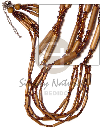 6 layer bamboo tube  brown glass beads and wood beads - Glass Beads Necklace