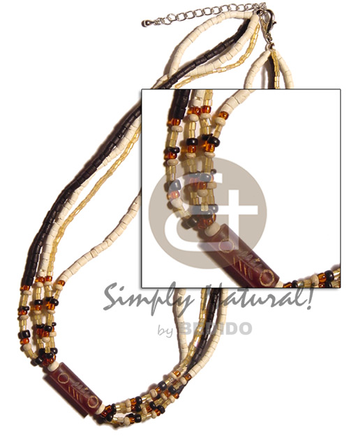 4 rows 2-3mm coco heishe black/bleach/glass beads  amber bone tube - Glass Beads Necklace