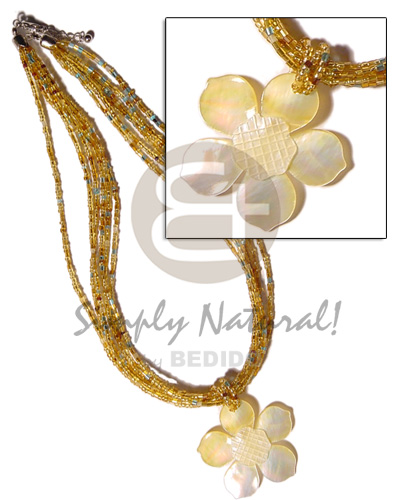 6 rows yellow gold  multi layered glass beads   40mm flower hammershell pendant  grooved nectar - Graduated Necklace