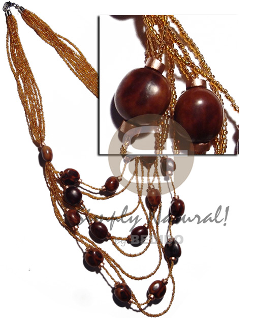 8 rows graduated golden brown glass beads   brown kukui nut & gold coco heishe combination / 32 in - Graduated Necklace