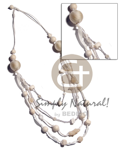 white / 2 layers wax cord  matching wrapped 20mm wood beads, 4 graduated layers of metal chain,ribbon,glass beads,wax cords  asstd. round wood beads ,acrylic beads combination /28 in - Graduated Necklace