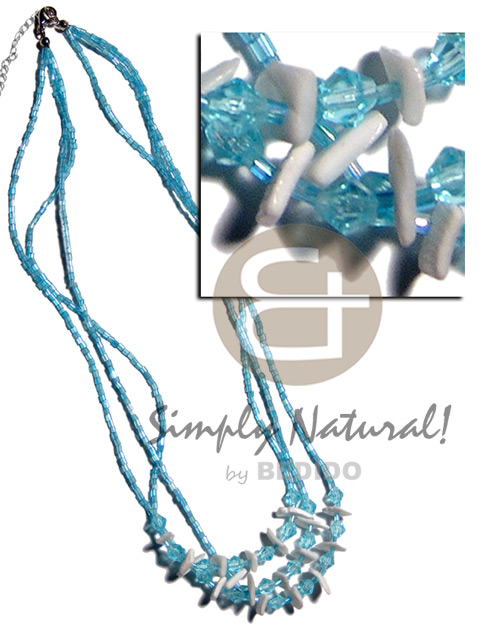3 layers aqua blue glass beads  white rose accent - Graduated Necklace