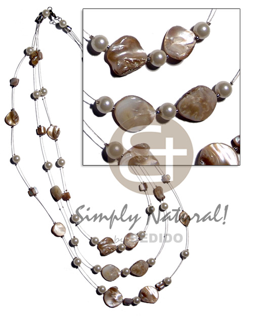 floating natural kabibe shell nuggets in 3 graduated rows of magic wire  28" / 24" / 22"   pearl beads accent - Graduated Necklace