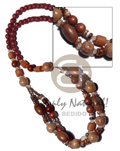 6mm maroon nat. wood beads  2 layers asstd. wood beads and 4-5mm coco Pokalet combination / 20 in. - Graduated Necklace