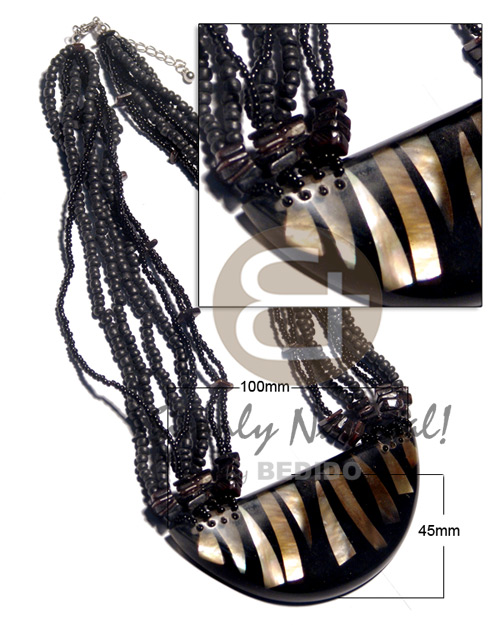 choker / 8 layers 2-3mm black coco Pokalet/black glass beads, blackpen sq. cut combination  half moon laminated brownlip pendant in black resin / 100mmx45mm / thickness 10mm / 15in - Graduated Necklace