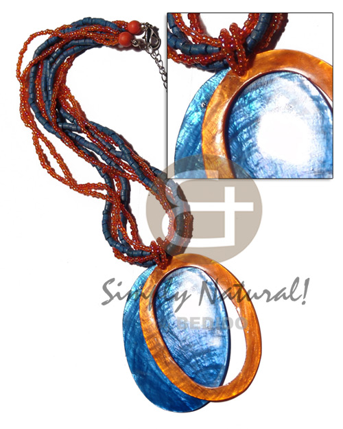 5 rows 2-3mm coco heishe/glass beads  65mm laminated capiz solid oval and 65mm capiz oval ring pair pendant / blue and orange tones / 18in - Graduated Necklace