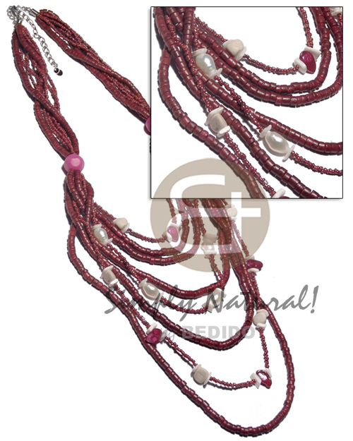 8 rows graduated glass beads and 4-5mm coco heishe in maroon tones  white rose, wood and pearl beads accent / 20in/22in/24in/27/29in/32in/34in/36in - Graduated Necklace