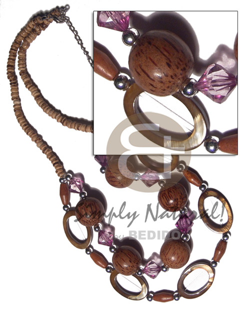 4-4mm coco nat. tiger  2 graduated rows of laminated oval kabibe shell rings and 20mm palmwood beads / 18in/20in / ext. chain - Graduated Necklace