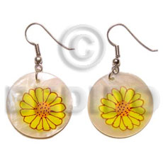 dangling 35mm round hammershell  handpainted sunflower accent - Hand Painted Earrings