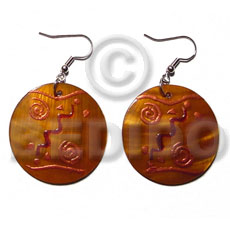 dangling round 35mm kabibe shell in bronze color  embossed handpainted design - Hand Painted Earrings