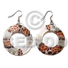 dangling round 40mm hammershell  20mm inner hole & hhandpainted embossed flowers - Hand Painted Earrings