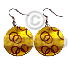dangling 35mm round kabibe shell in golden yellow / handpainted - Hand Painted Earrings