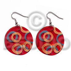 dangling 35mm round red capiz shell / handpainted - Hand Painted Earrings