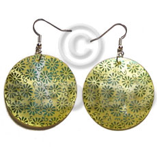 hand made Dangling 35mm round handpainted embossed hammershell Hand Painted Earrings