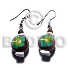 dangling 15mm robles round wood beads  handpainted flower and white rose combination - Hand Painted Earrings