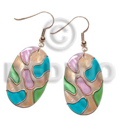 dangling 30mmx20mm oval kabibe shell multicolored, handpainted, embellished  embossed metallic gold line accent - Hand Painted Earrings