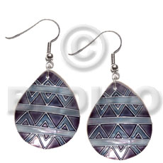 dangling 35mmx30mm teardrop kabibe shell, handpainted, embellished  embossed metallic silver line accent - Hand Painted Earrings