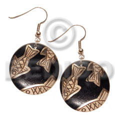 dangling 35mmx35mm nat. wood round in black , handpainted  metallic gold fish accent - Hand Painted Earrings
