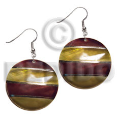 dangling handpainted and colored round 30mm kabibe shell pendant embellished  elevated /embossed metallic paint accent lines / brown and gold tones - Hand Painted Earrings
