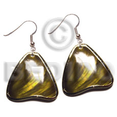 dangling 40mm  kabibe shells embellished  elevated /embossed gold  metallic paint accent lines / olive tones - Hand Painted Earrings