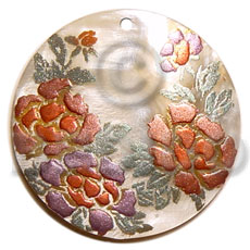 round 40mm hammershell  handpainted design-floral/embossed hand painted using japanese materials in the form of maki-e art a traditional japanese form of hand painting - Hand Painted Pendants